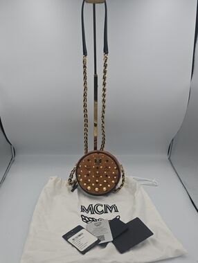 MCM Cognac Round Studded Mini Crossbody W Gold Hardware & Chain (NWT)(FULL INC)✨